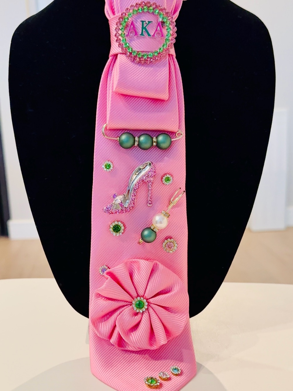 AKA Pink and Green Statement Tie Necklace w AKA Brooch and Accents